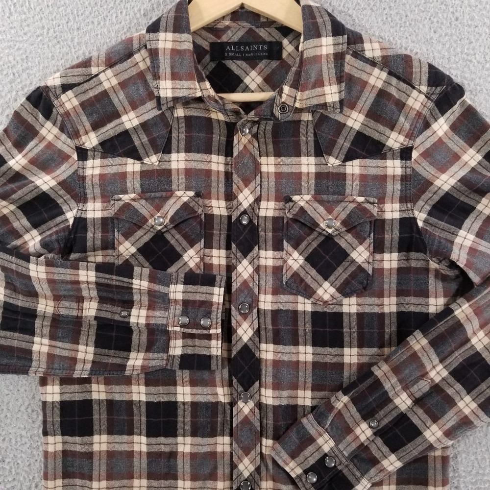 ALLSAINTS Shirt Mens XS Brown Plaid Pearl Snap Western Goodland Soft Cotton